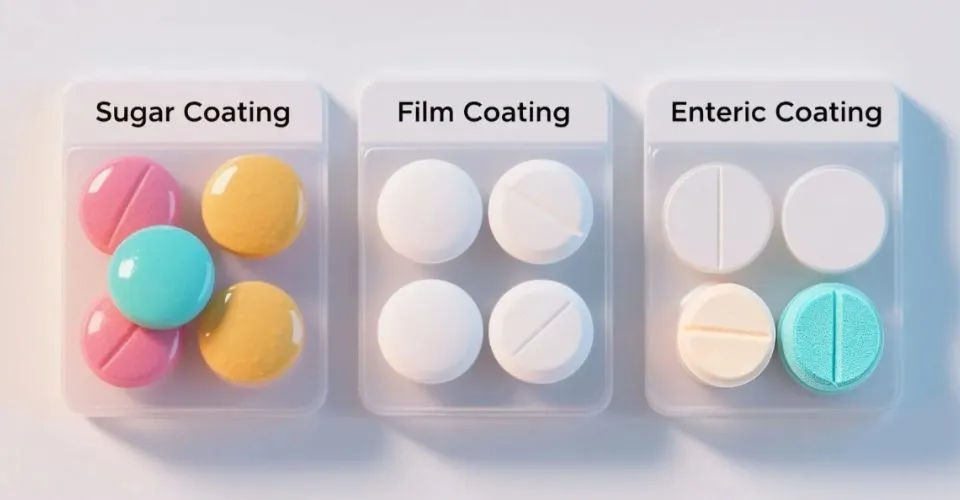 Sugar coating, Film coating, Enteric Coating